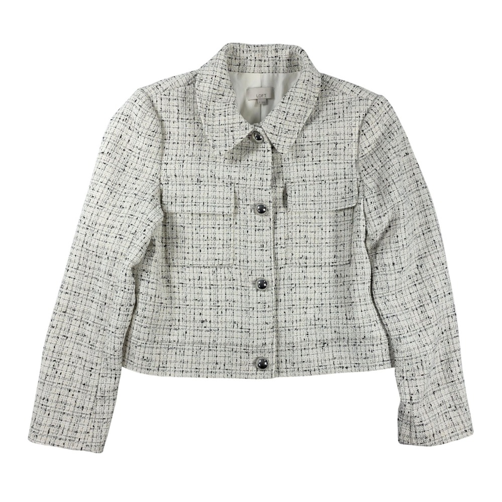 LOFT Tweed Button Front Blazer Jacket White Black Multi Med Professional Office
